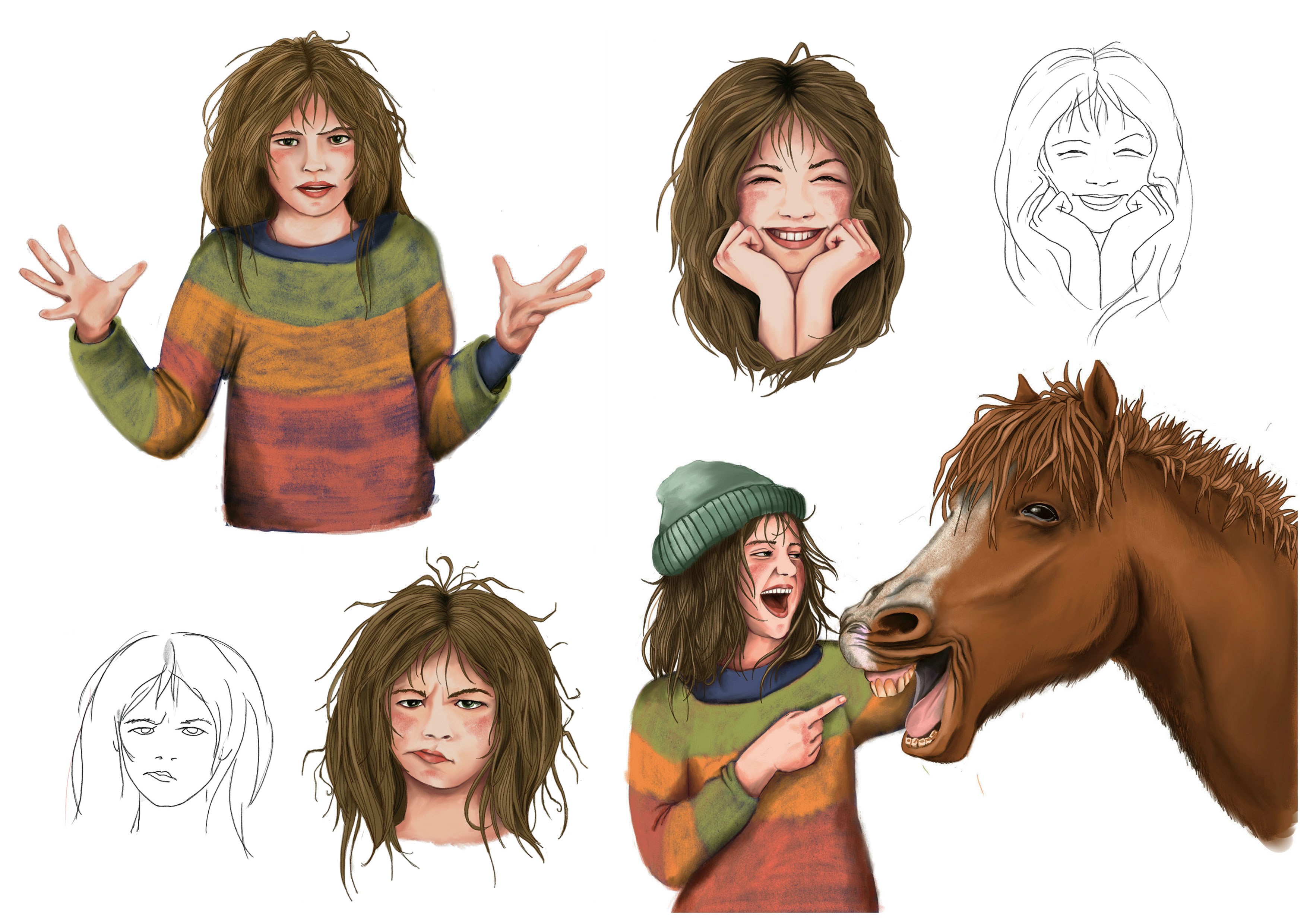 Ein Mädchen mit verschiedenen Gesichtsausdrücken und ein lachendes Pferd
