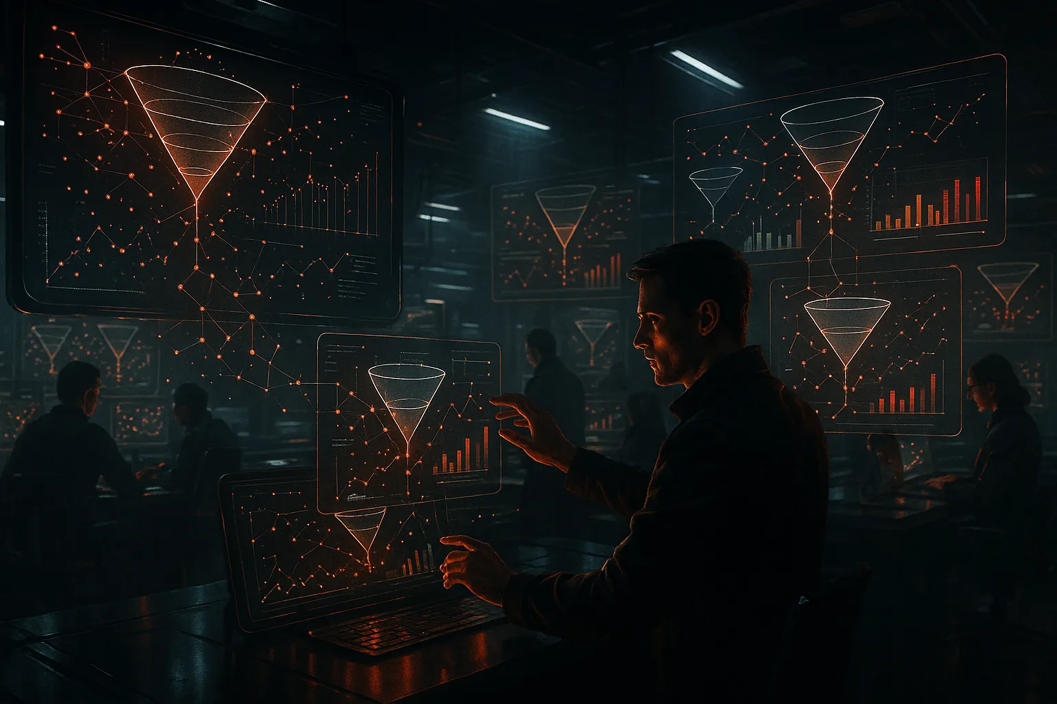 Man analyzing digital data visualizations at RockN' Socials Digital Marketing Agency.