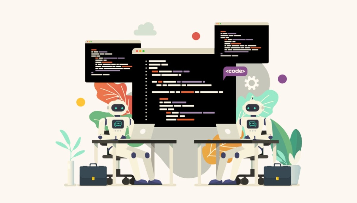 Illustration of a woman seated at a desk working on a computer, holding a paper while a large monitor behind her shows a rocket launch, surrounded by floating dollar signs, gears, paper airplanes, and a light bulb.