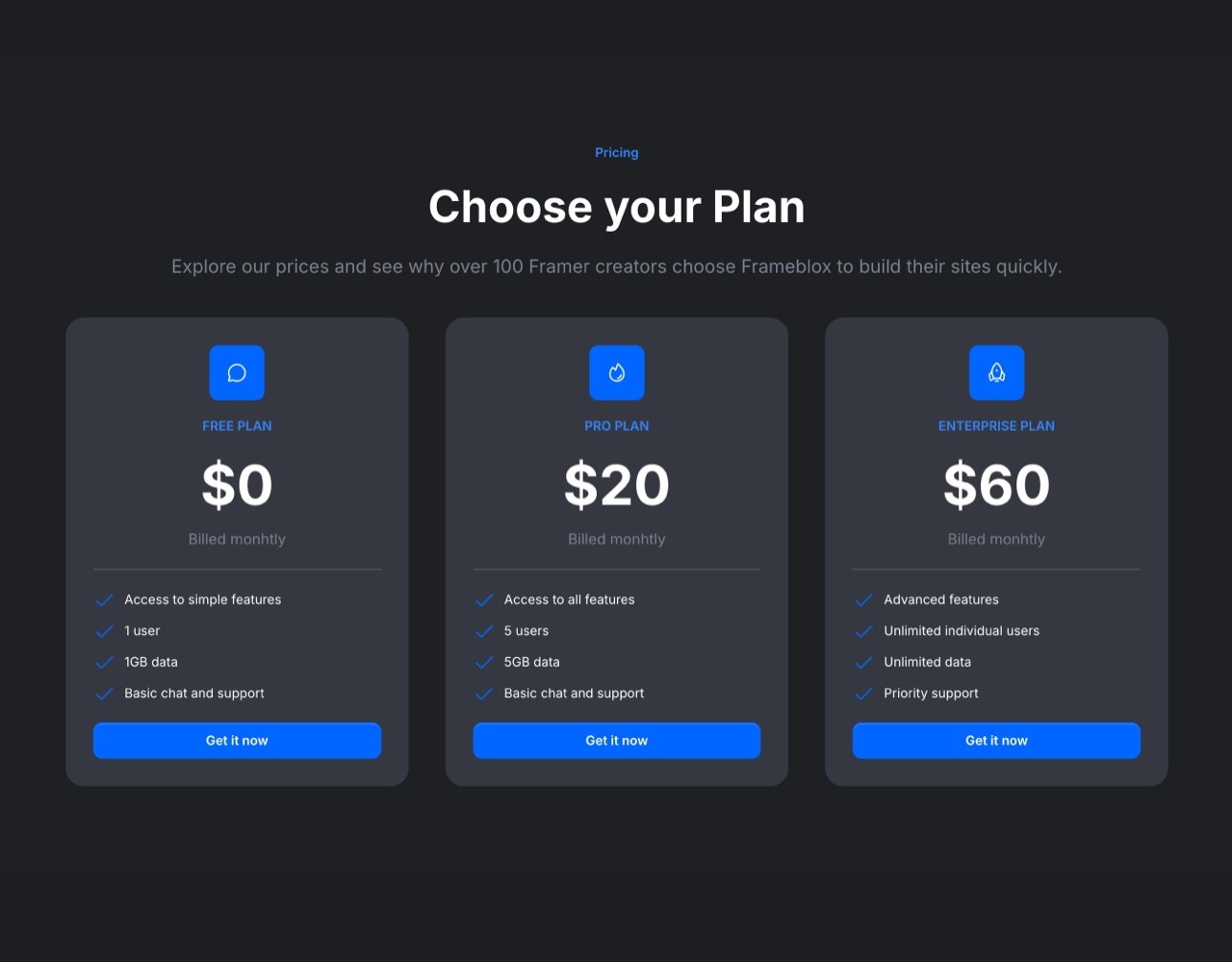 Framer Dark Pricing Section - Frameblox UI