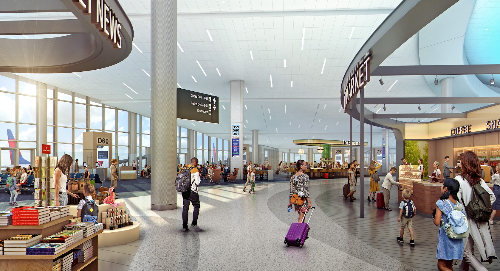 Terminal corridor with natural lighting, passenger seating areas, and retail storefronts