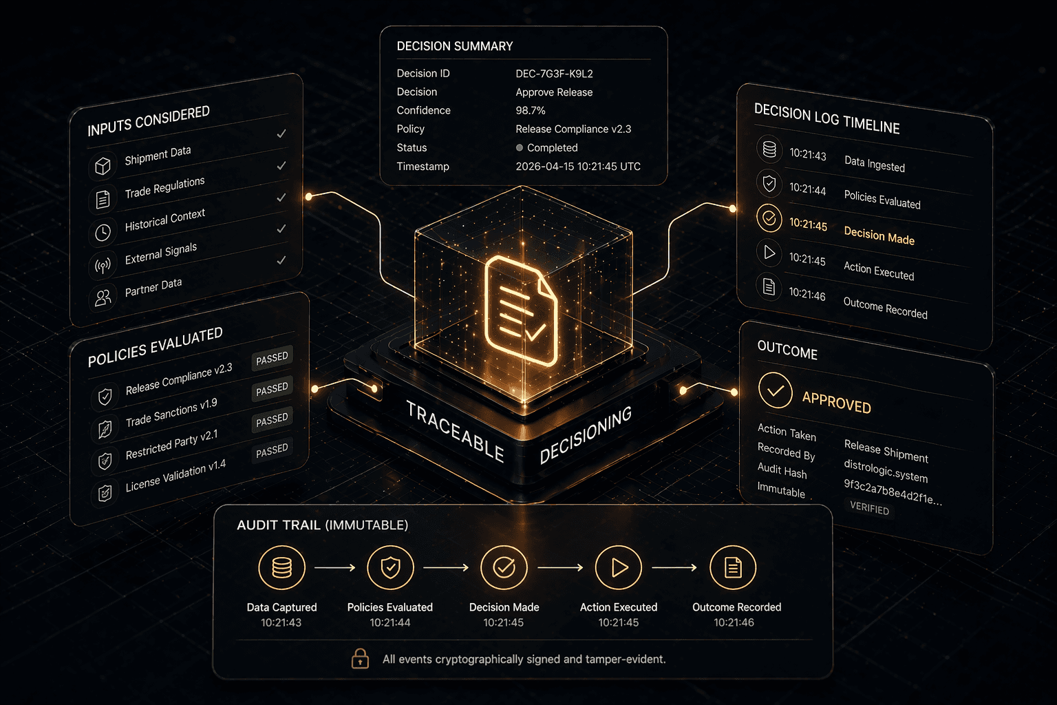 Abstract dark-mode decision system with a glowing central record hub connected to input, policy, timeline, outcome, and audit panels, representing traceable decisioning, evaluated logic, and reviewable operational outcomes.