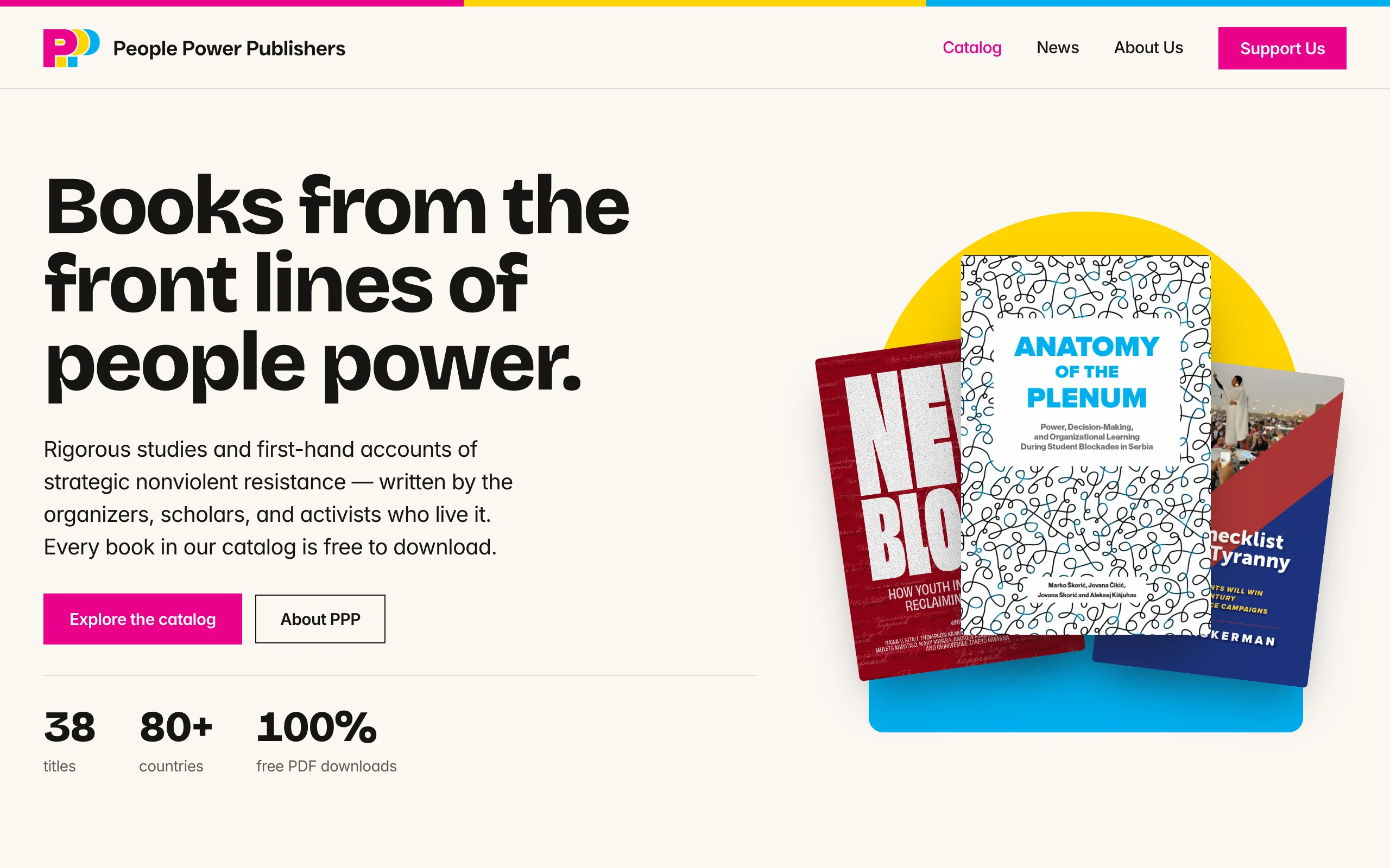 People Power Publishers: the home page, headed Books from the front lines of people power, with 38 titles, 80+ countries and 100% free PDF downloads beside a fan of three books