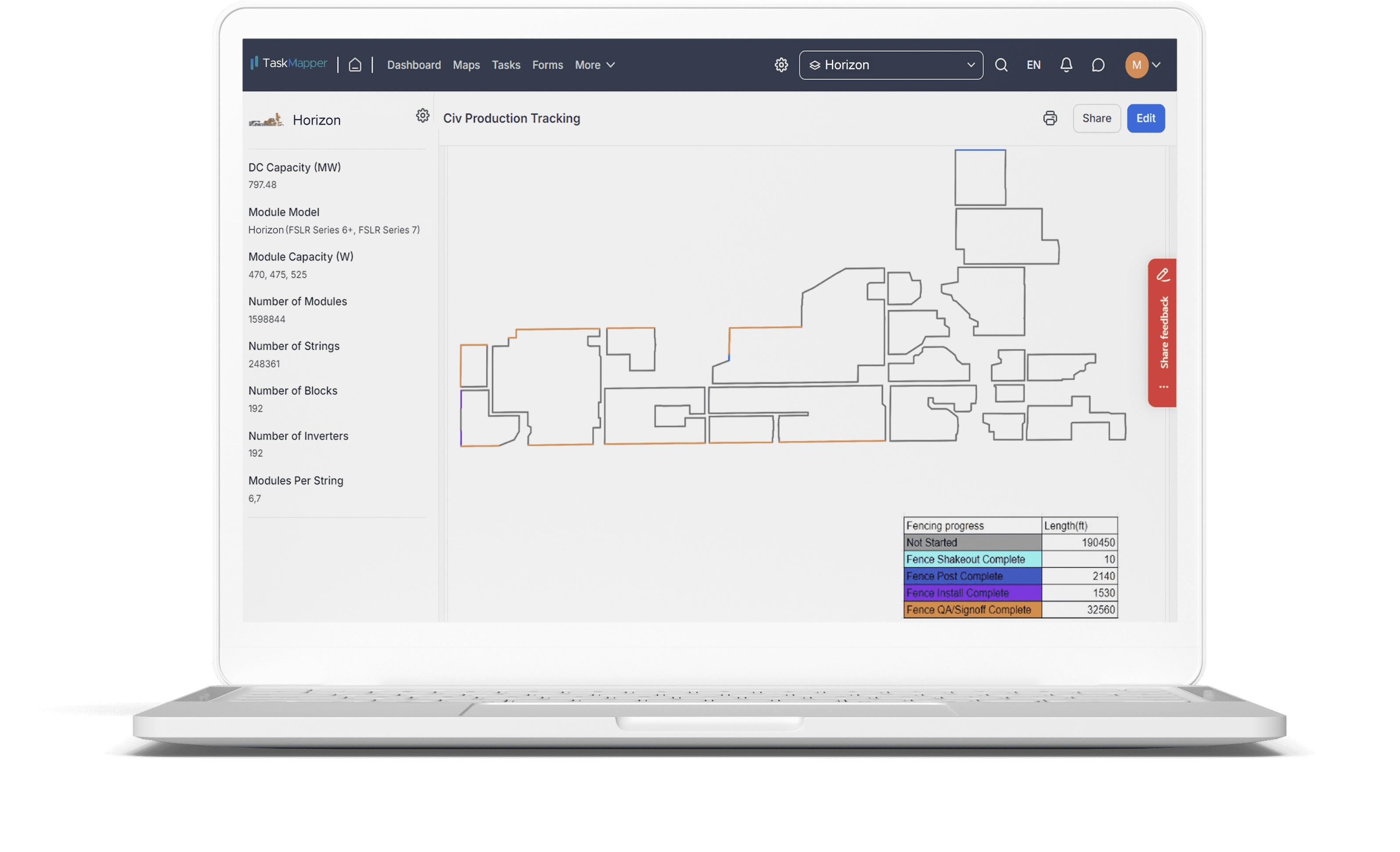 TaskMapper for map view showing EPCs civil progress updates for solar energy project construction