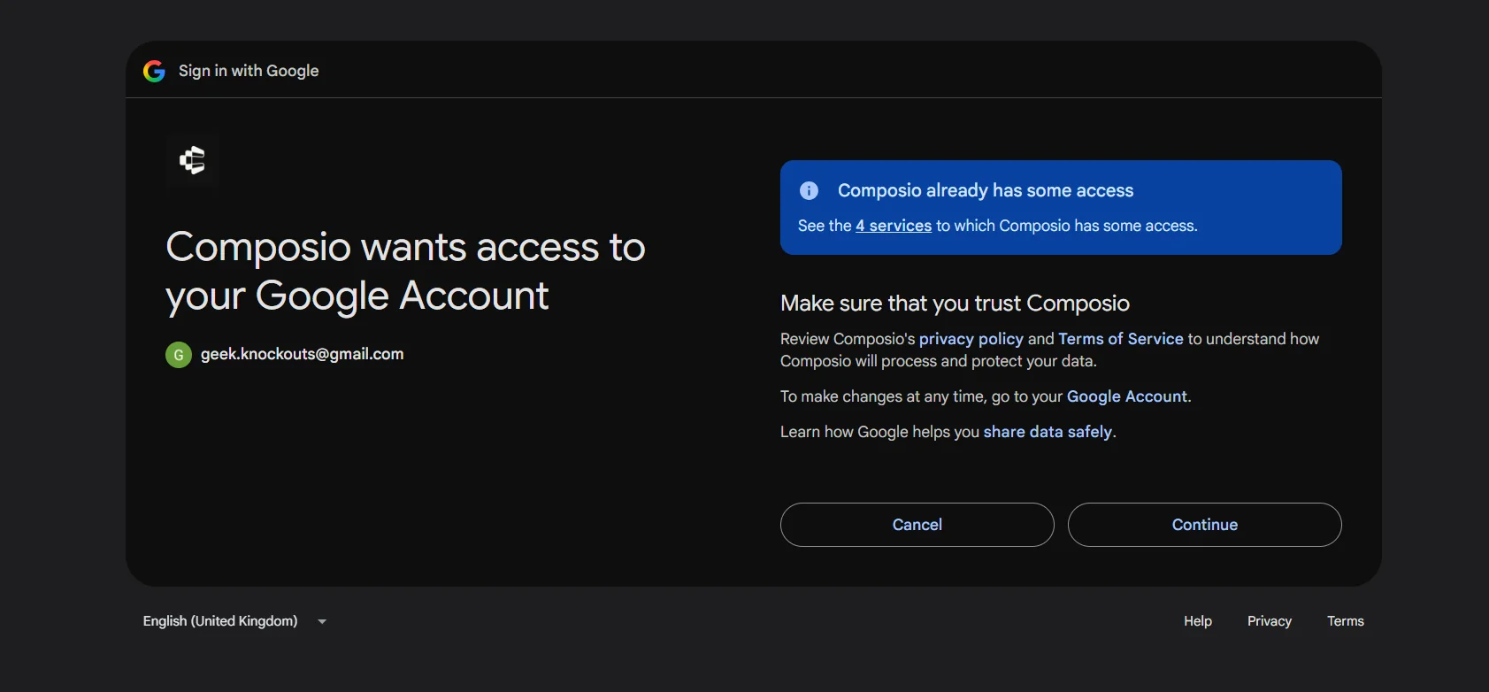 Google sign-in screen for connecting Composio