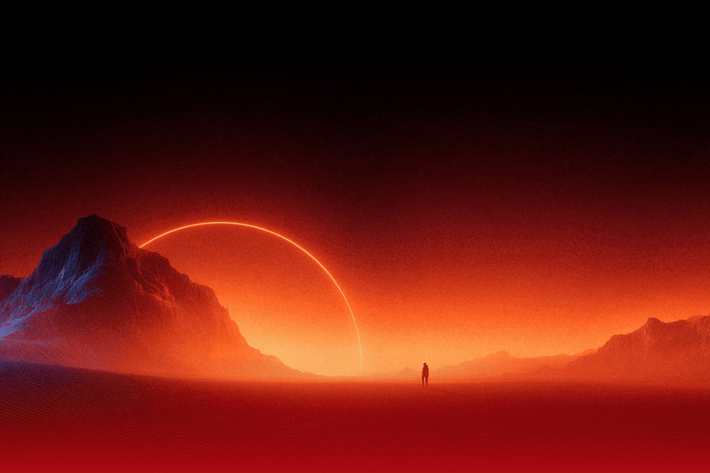  A man is positioned in front of a stunning red and orange sunset, highlighting the beauty of the evening sky.