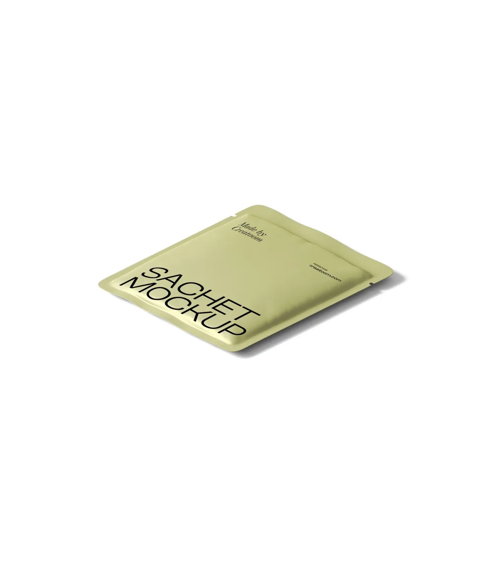 Minimalist sachet mockup displayed on a clean white background. The pale green pouch features bold black typography, ideal for showcasing product branding or packaging designs.