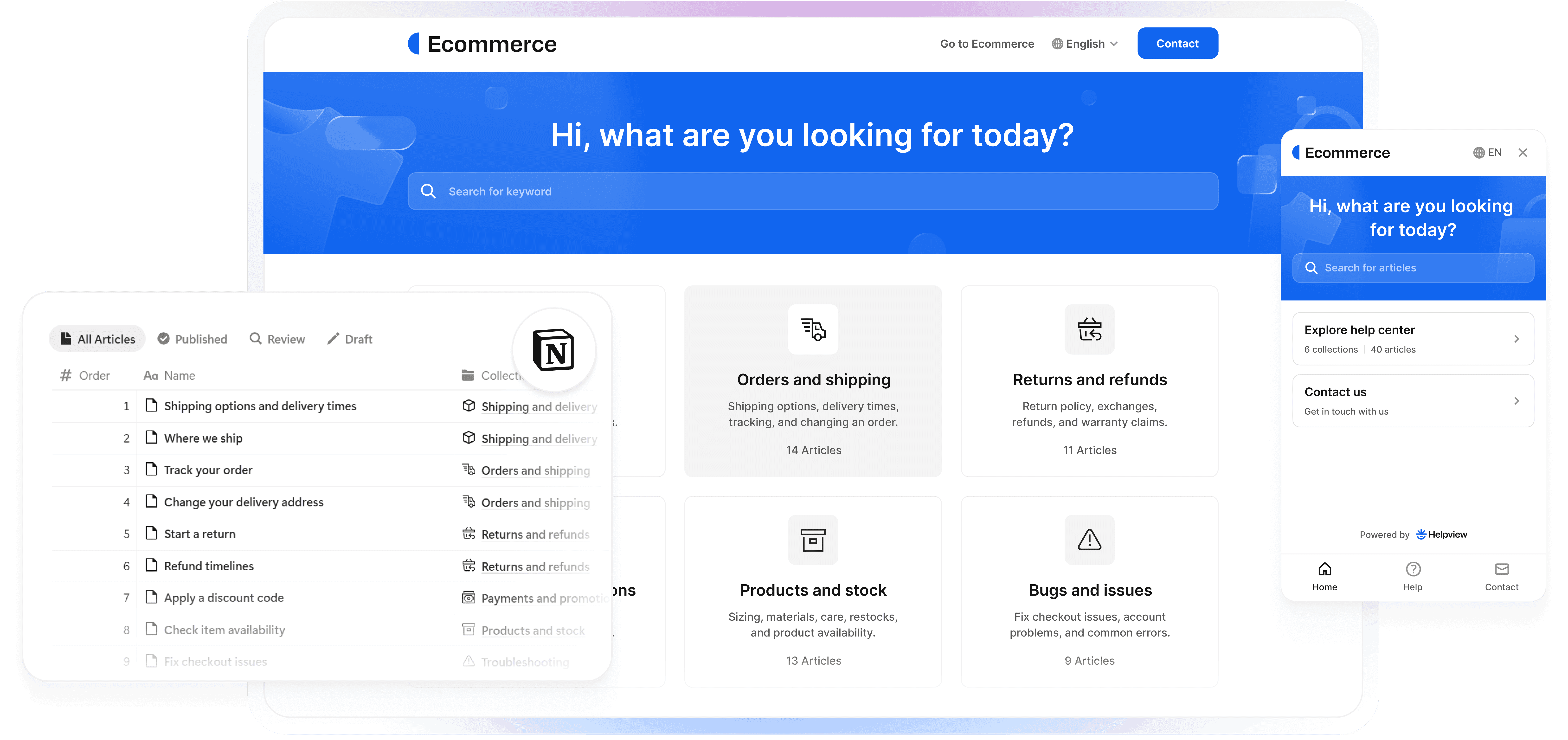 Ecommerce help center built from a Notion workspace showing orders, shipping, returns, and support articles.