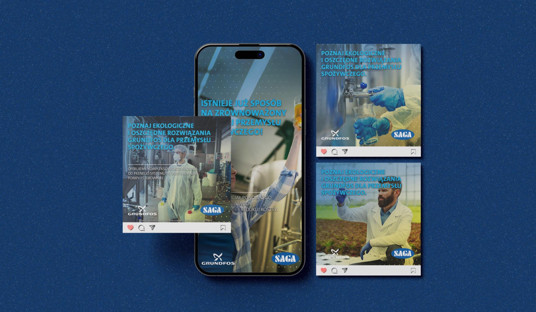 Mockup telefonu z wyświetlonymi projektami postów social media