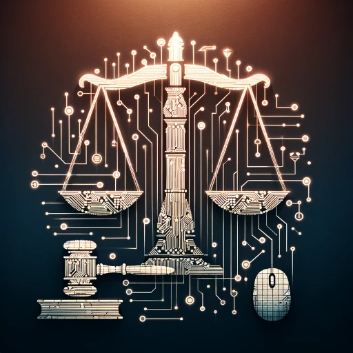 A minimalist image depicting the fusion of traditional legal symbols and modern technology, featuring elements like a gavel intersecting with digital circuit patterns and a balance scale integrated with a computer mouse, symbolizing the accessibility of legal information through artificial intelligence.