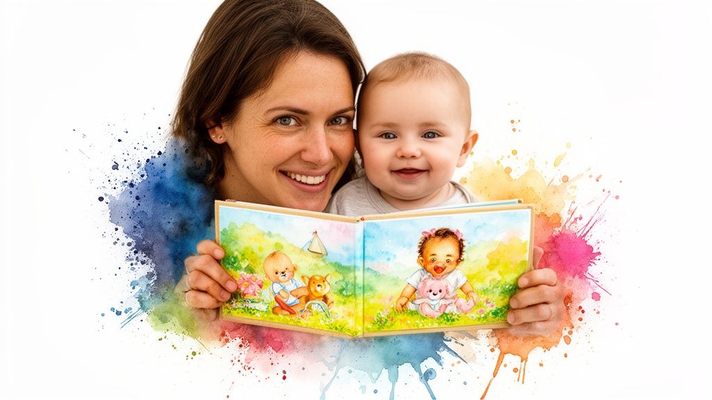 Smiling mother and baby happily reading a colorful storybook with watercolor illustrations.