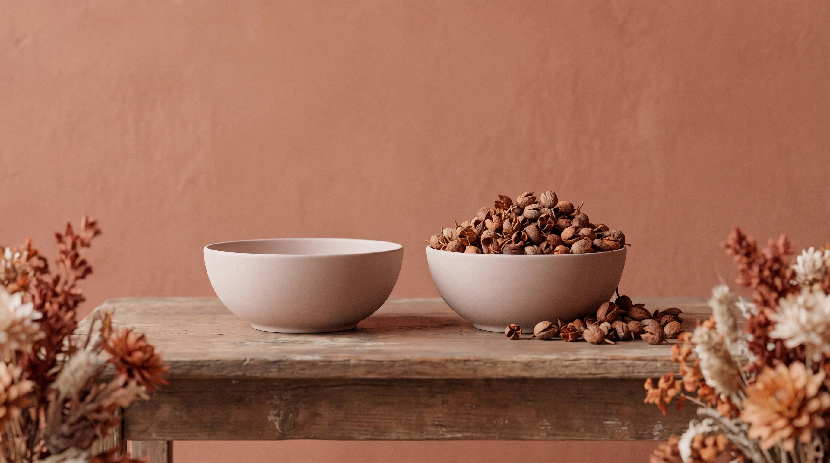 Two identical bowls, one empty and one heaped with dried seed pods