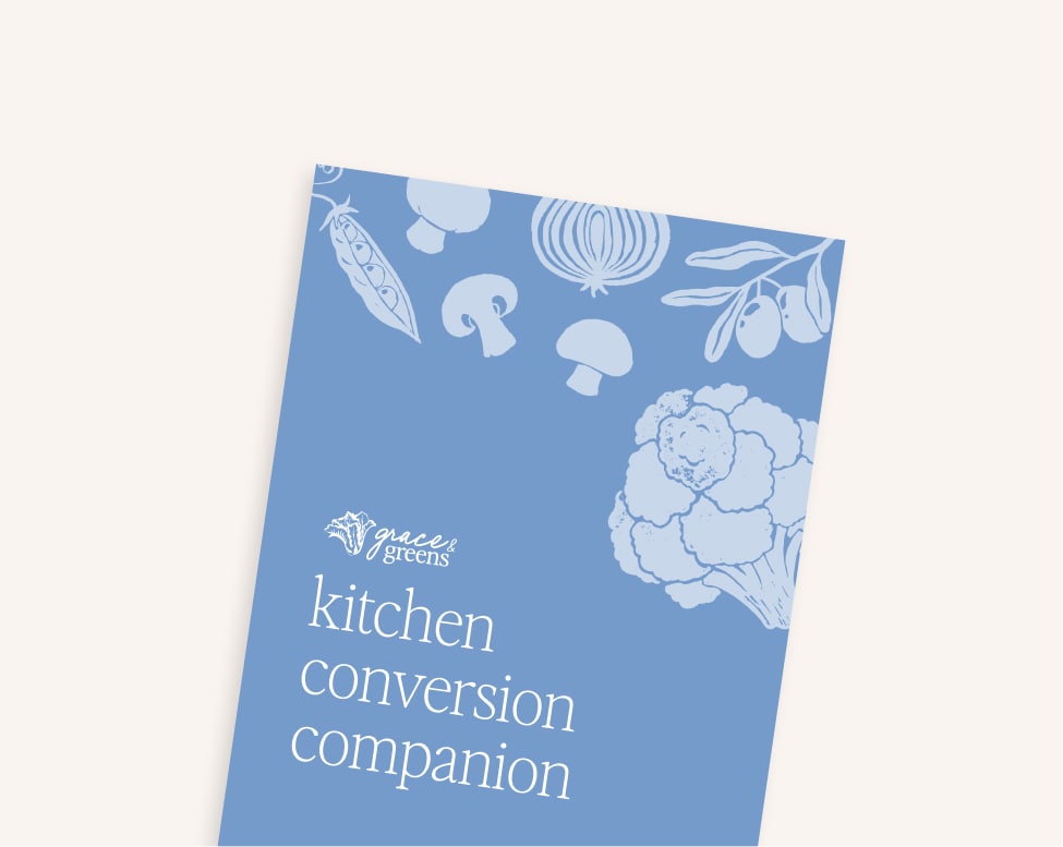 Grace & Greens resource preview promoting the 'kitchen conversion companion' guide, a cover wwith veggie illustrations on a blue background