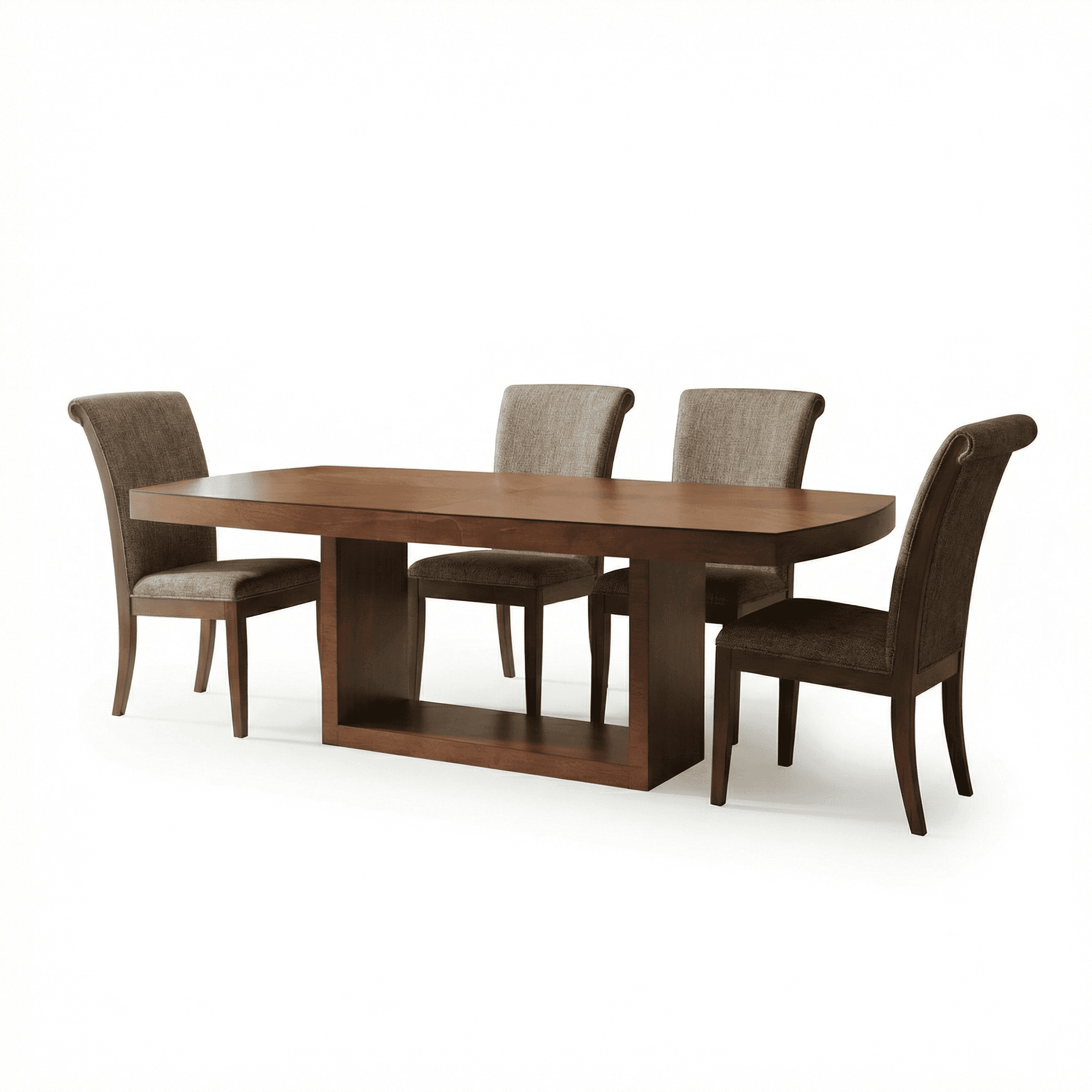 Wide wooden dining set anchored by a solid pedestal base and upholstered seating