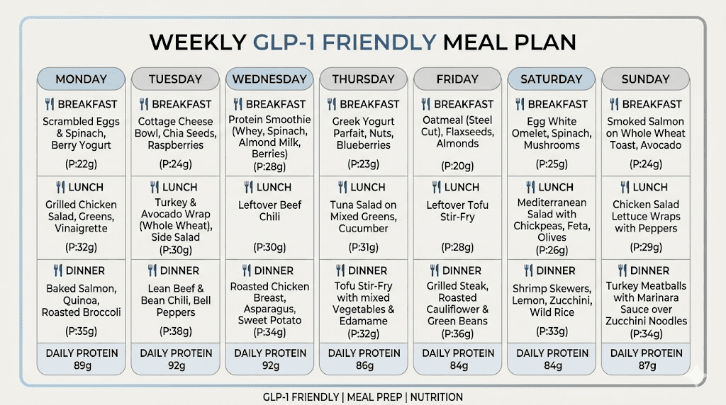 7-day GLP-1 friendly meal plan with daily protein totals
