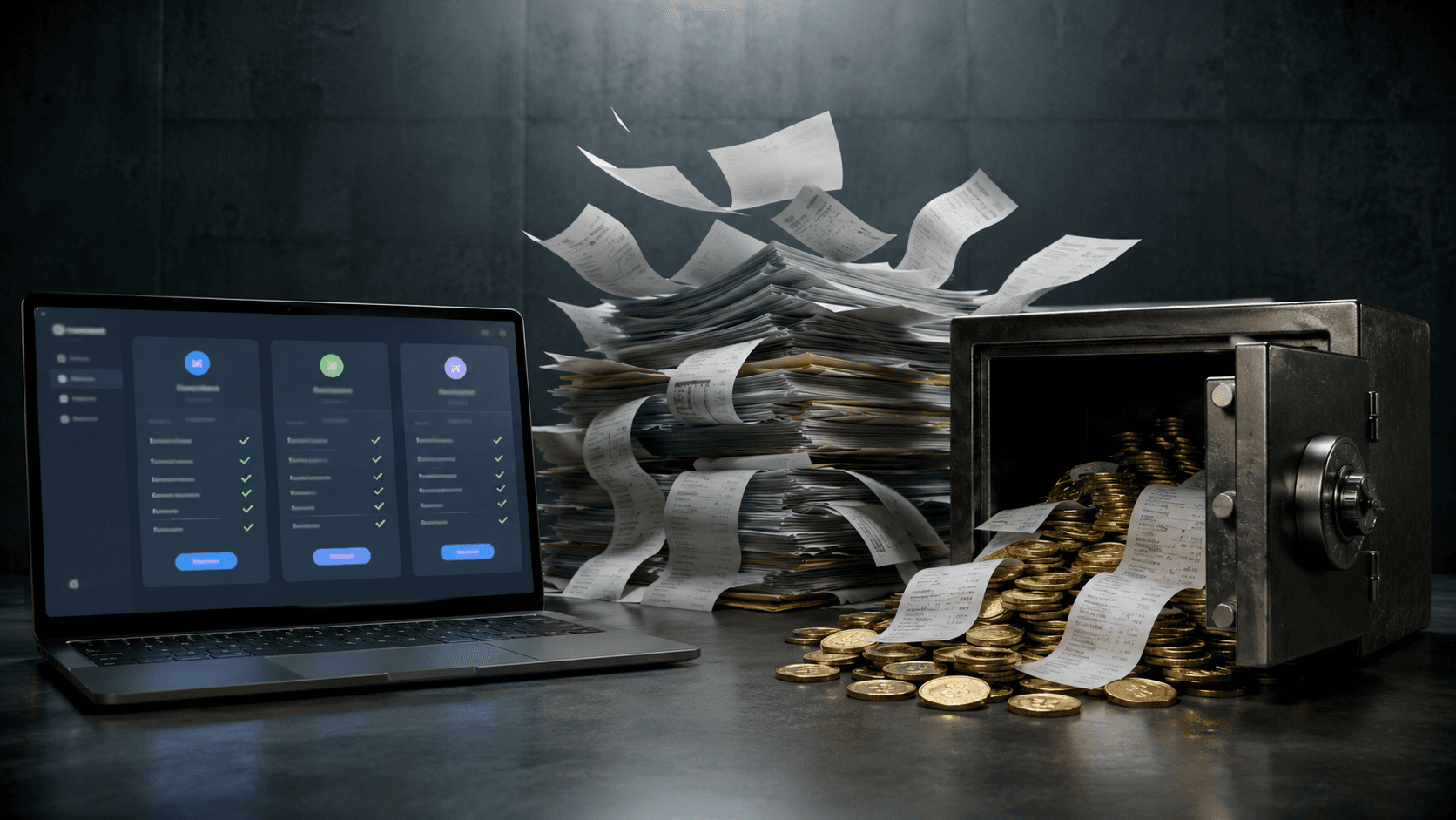 Ilustração 3D realista mostrando um notebook com planos de plataforma B2B na tela, uma grande pilha de documentos e recibos ao centro e um cofre aberto cheio de moedas e custos acumulados ao lado. A cena transmite a ideia de custos ocultos e impacto financeiro além da mensalidade, em um ambiente corporativo escuro e moderno, sem pessoas e sem textos.