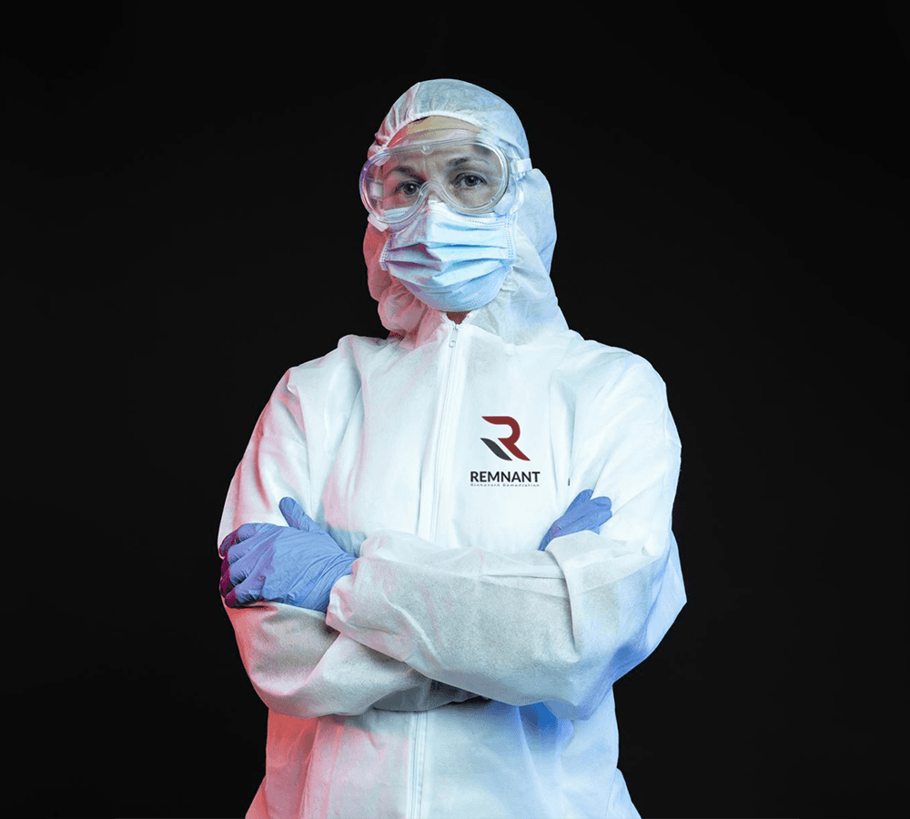 White Renault van with 'REMNANT Biohazard Remediation' logo parked on a street near an old building