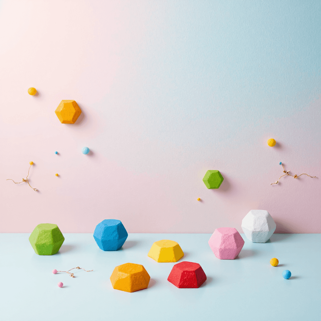 product photography of colorful hexagonal shapes