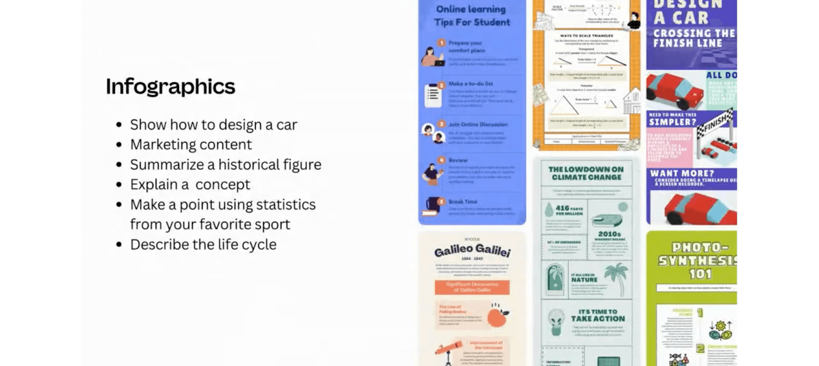Infographic examples displayed on a laptop screen with topics like photosynthesis, climate change, and Galileo. Left text lists uses: designing a car, marketing, summarizing history, explaining concepts, using stats, and life cycles.