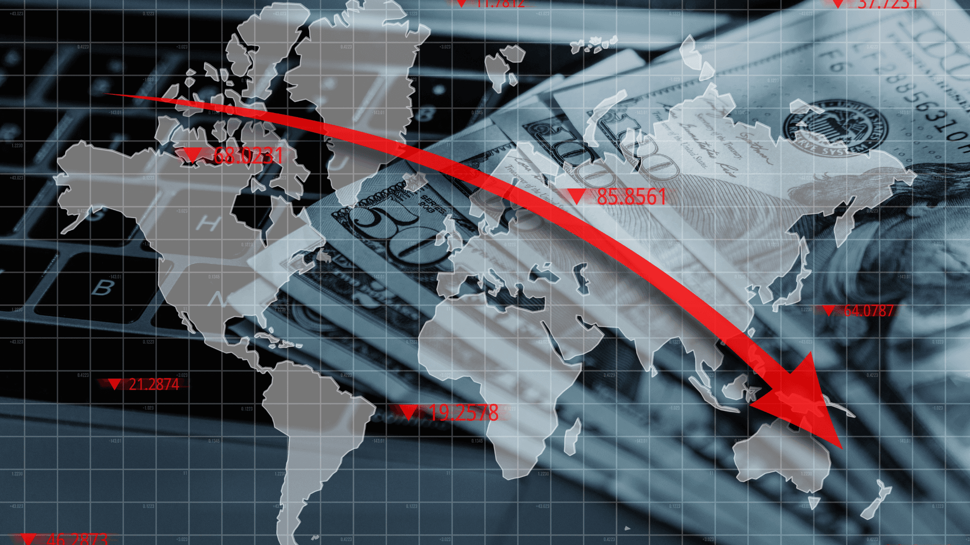 Graphs with a falling arrow on the background of the world map