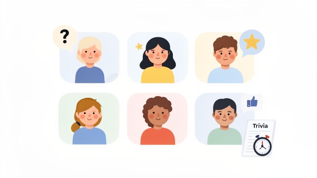 Six diverse cartoon avatars participating in virtual team building activities, with icons for questions, stars, and trivia.