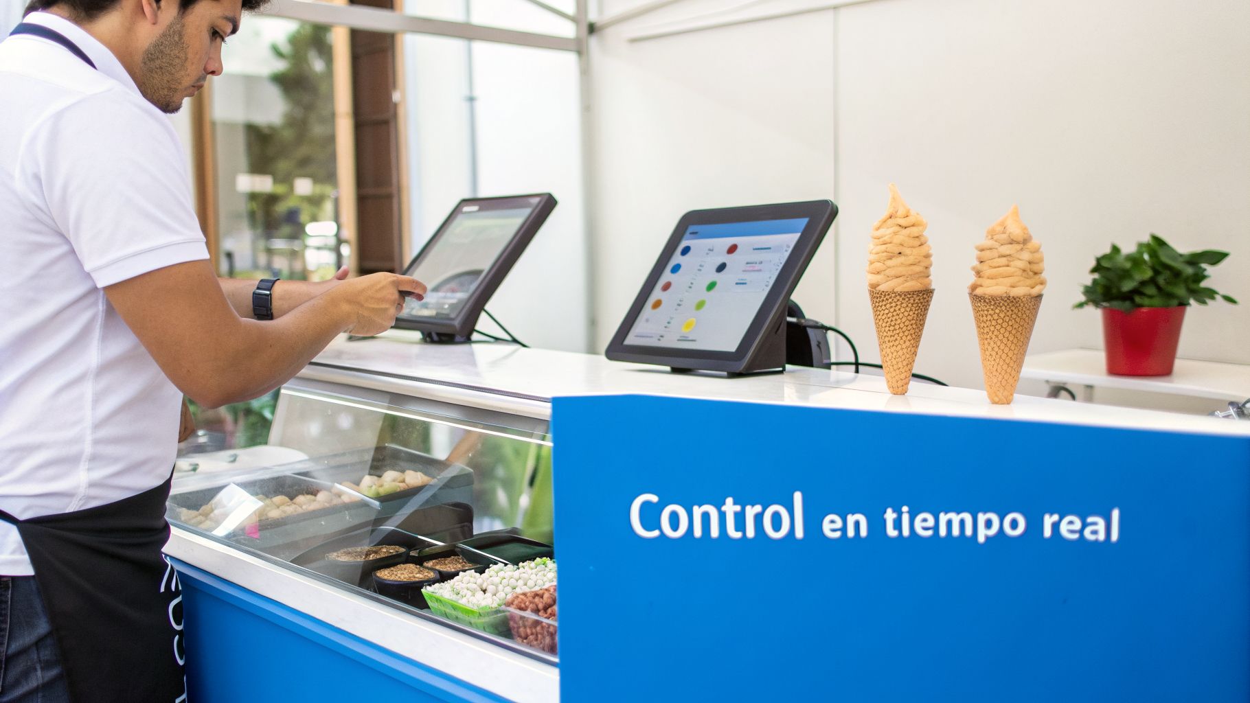 Hombre utilizando un sistema de punto de venta con pantallas táctiles, helados y control de inventario en tiempo real.