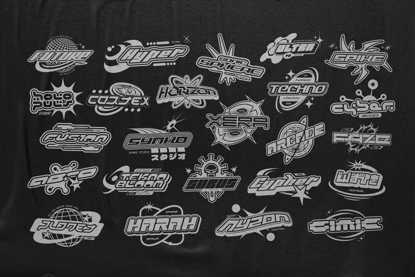 Selection of black and white Y2K logotype bundle templates with retro cosmic and techno aesthetics