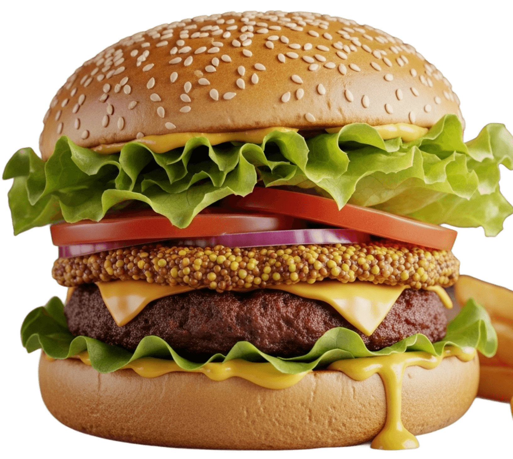 A juicy burger stacked with lettuce, tomato, onion, cheese, and a sesame seed bun against a blurred background.