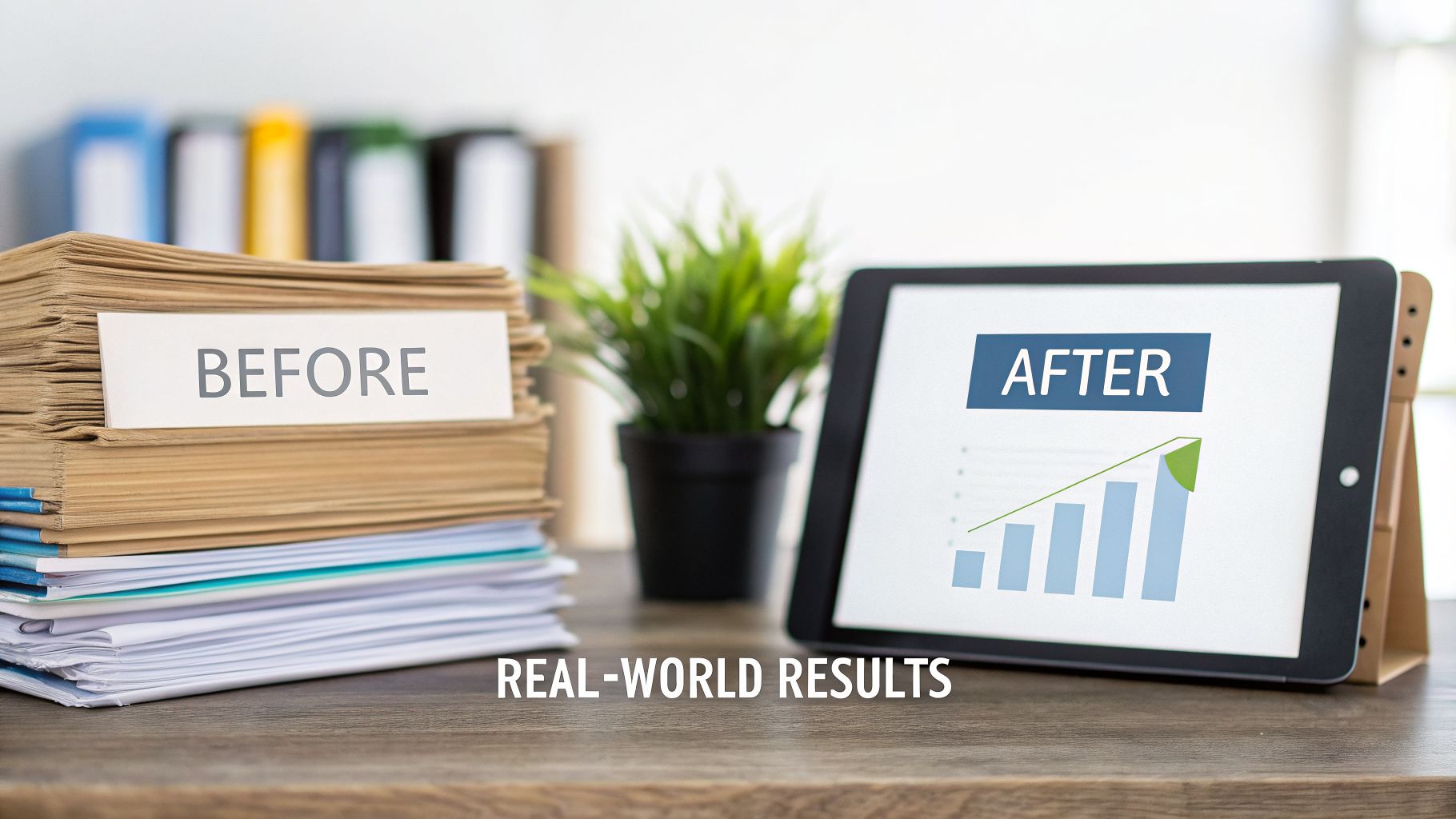 Before and after comparison: a stack of papers versus a tablet showing digital results and growth.
