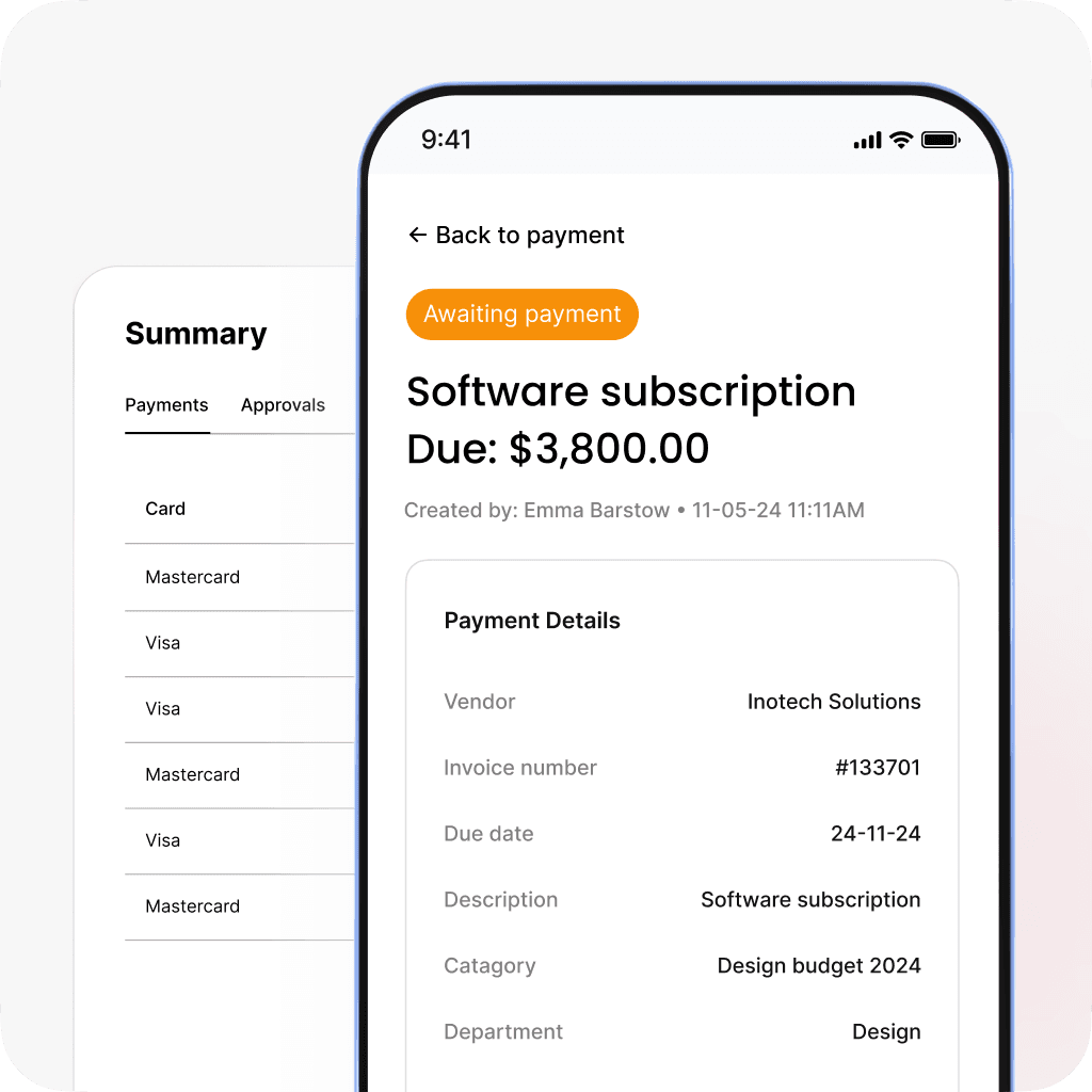 Mobile interface showing payment details for a software subscription, including vendor, invoice number, amount due, and department.