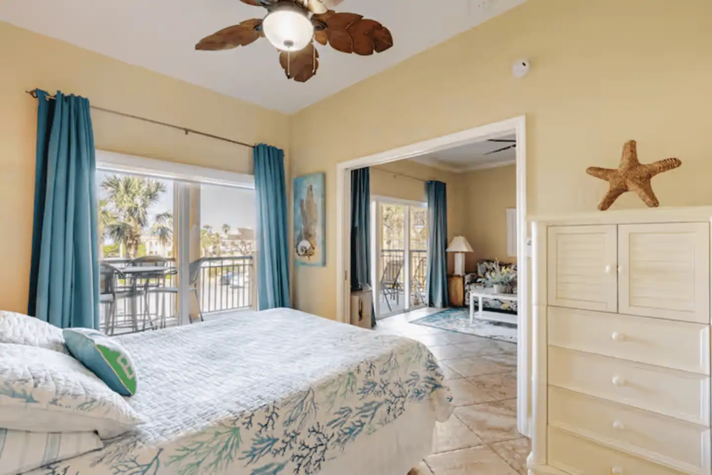 Clean, welcoming coastal bedroom thoughtfully prepared for guests at a Beach Day Rentals vacation home