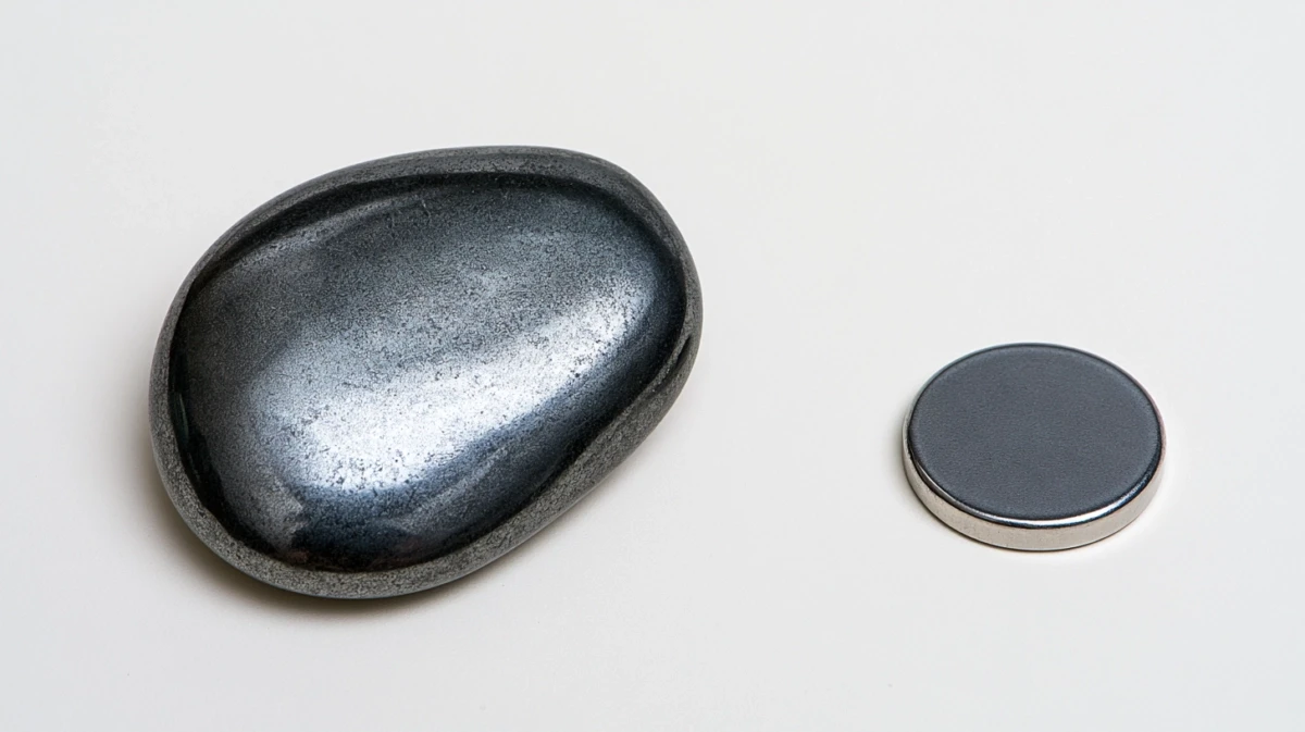 Real hematite stone next to refrigerator magnet showing no attraction
