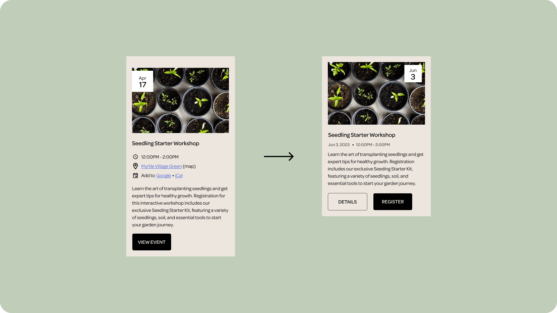 Before and after comparison of the mobile views of event card layouts. The 'before' image shows an event image, logistical details, a description, and a button to view the event. The 'after' image reflects improvements made to simplify the card layout and offer users a button to register directly.