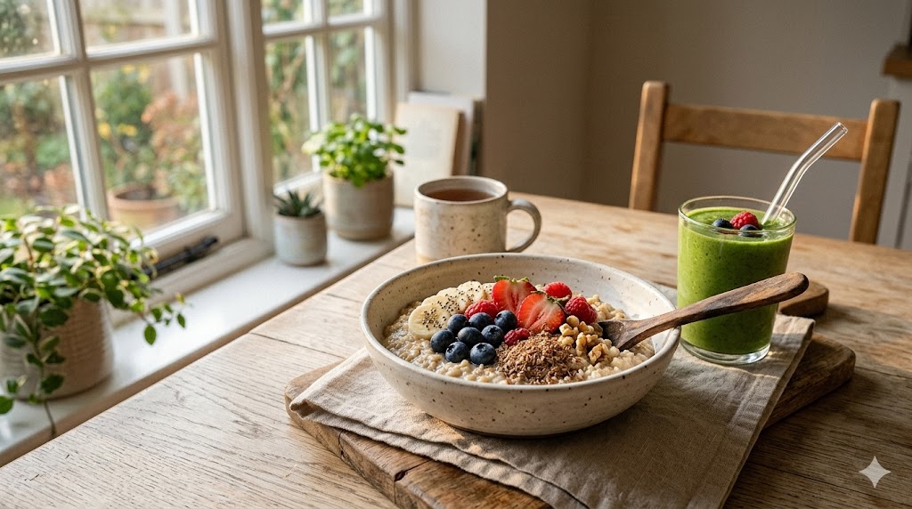 A close-up, healthy lifestyle photograph of a breakfast setting. In the foreground, a dark ceramic bowl holds creamy oatmeal topped with fresh raspberries, blueberries, banana slices, and a sprinkle of ground flaxseed. To the left, a glass contains a bright, yellow-orange fruit smoothie with a green straw, sitting on a round wooden coaster. Natural morning light streams through a window in the blurred background.