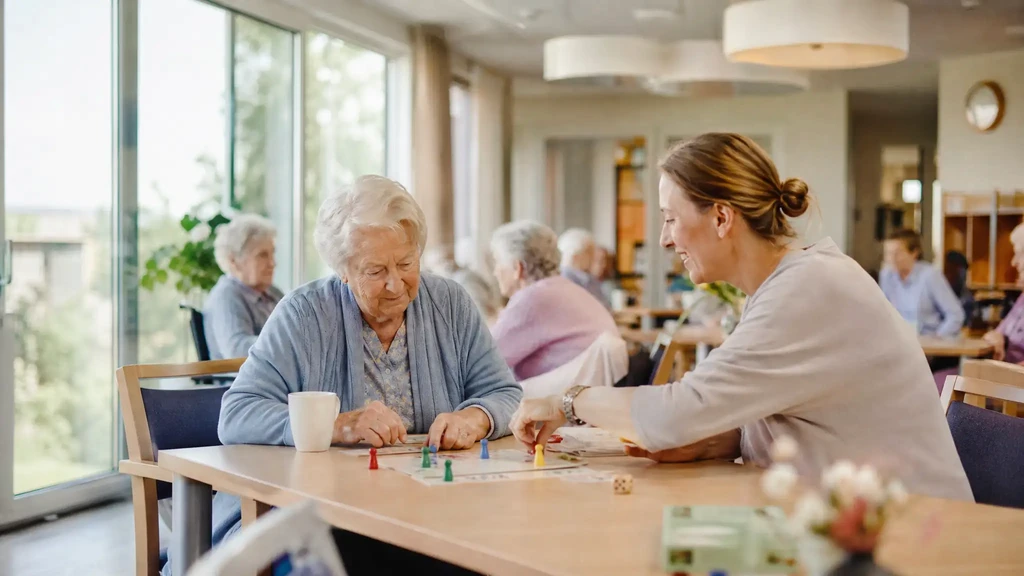 Seniorinnen spielen mit einer Betreuerin ein Brettspiel in einer Tagespflege-Einrichtung