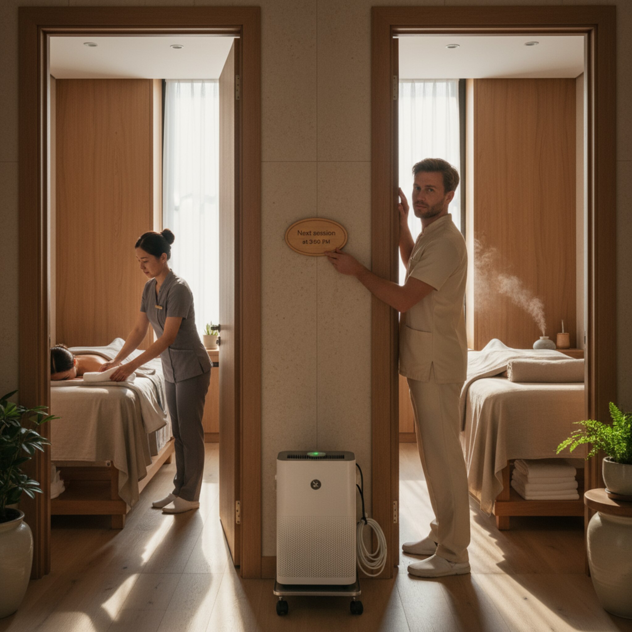 Zwei Behandlungsräume liegen nebeneinander, einer belegt, einer bereit. Eine Therapeutin hängt gerade ein Schild mit dem Hinweis auf die nächste Sitzung an die Tür. In der Ecke steht ein sauber desinfiziertes Gerät. Die Abstimmung zwischen Raum, Zeit und Person wirkt stimmig.