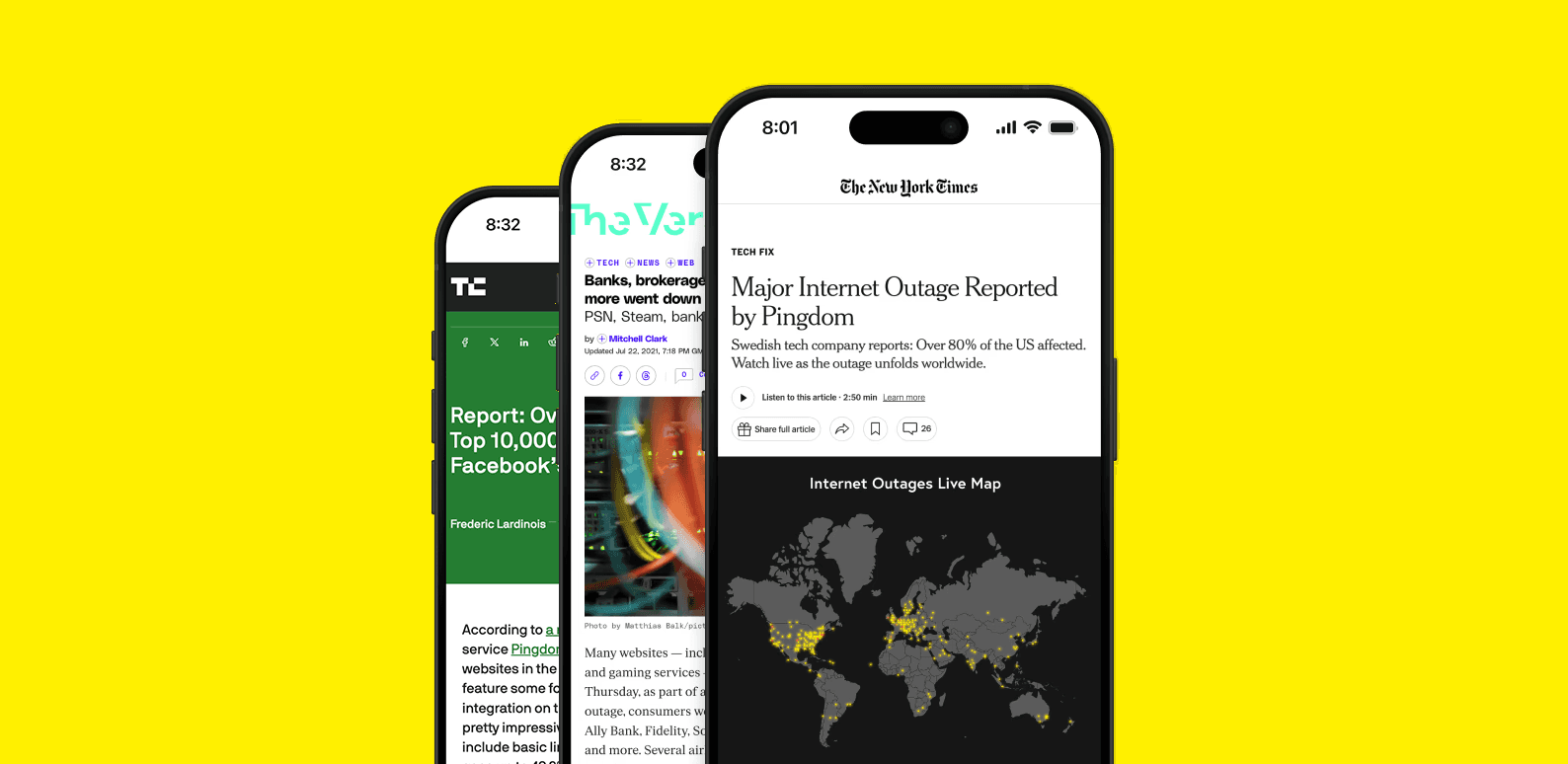 A collage of iphones featuring news about Pingdom