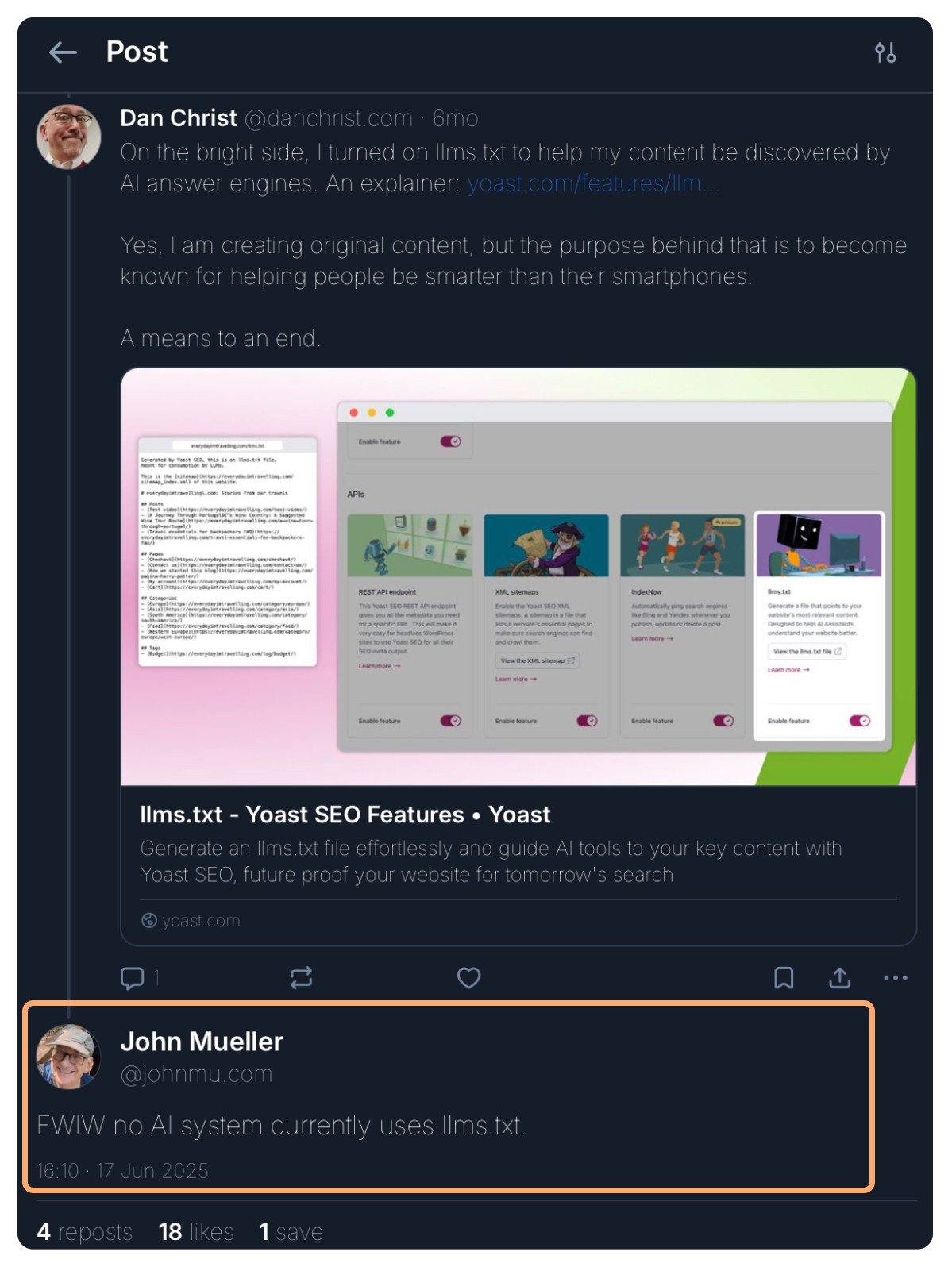 John Mueller post on bluesky FWIW no AI system currently uses llms.txt.