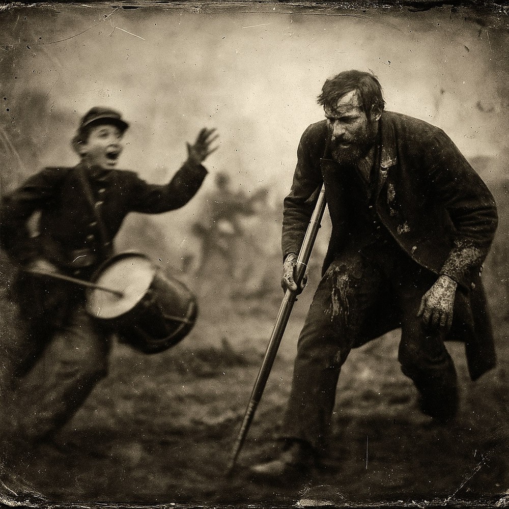 A vintage tintype photo showing a Union solider is limping along using a rifle as a crutch while a drummer boy is waving at him and shouting.
