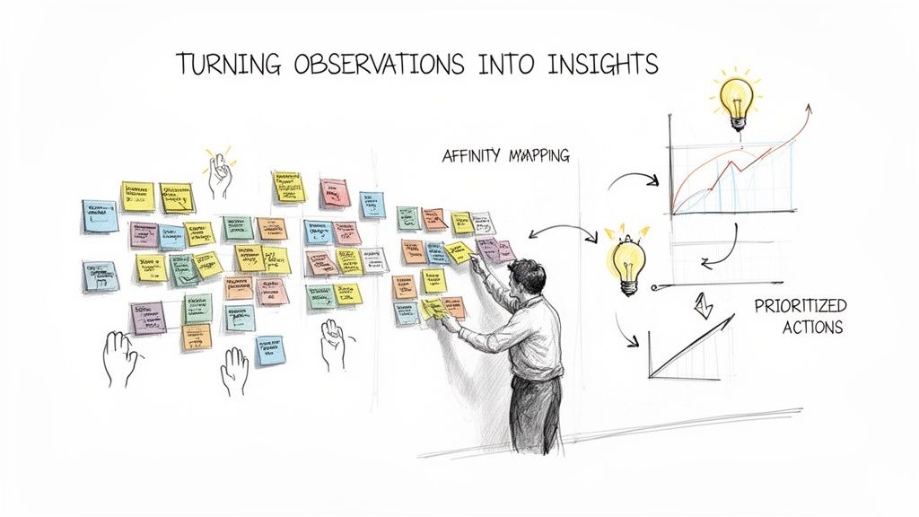 A person uses affinity mapping to group sticky notes, turning observations into insights and prioritized actions.