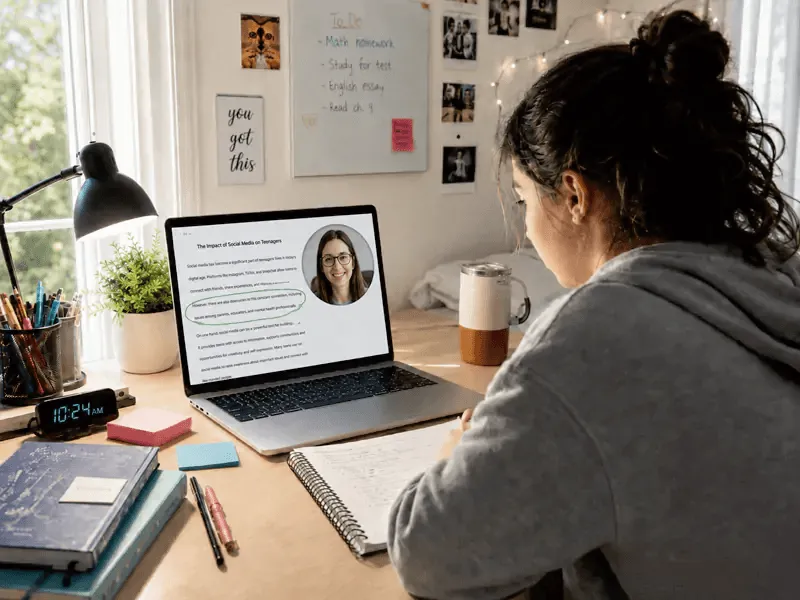 Student receiving video feedback from a teacher