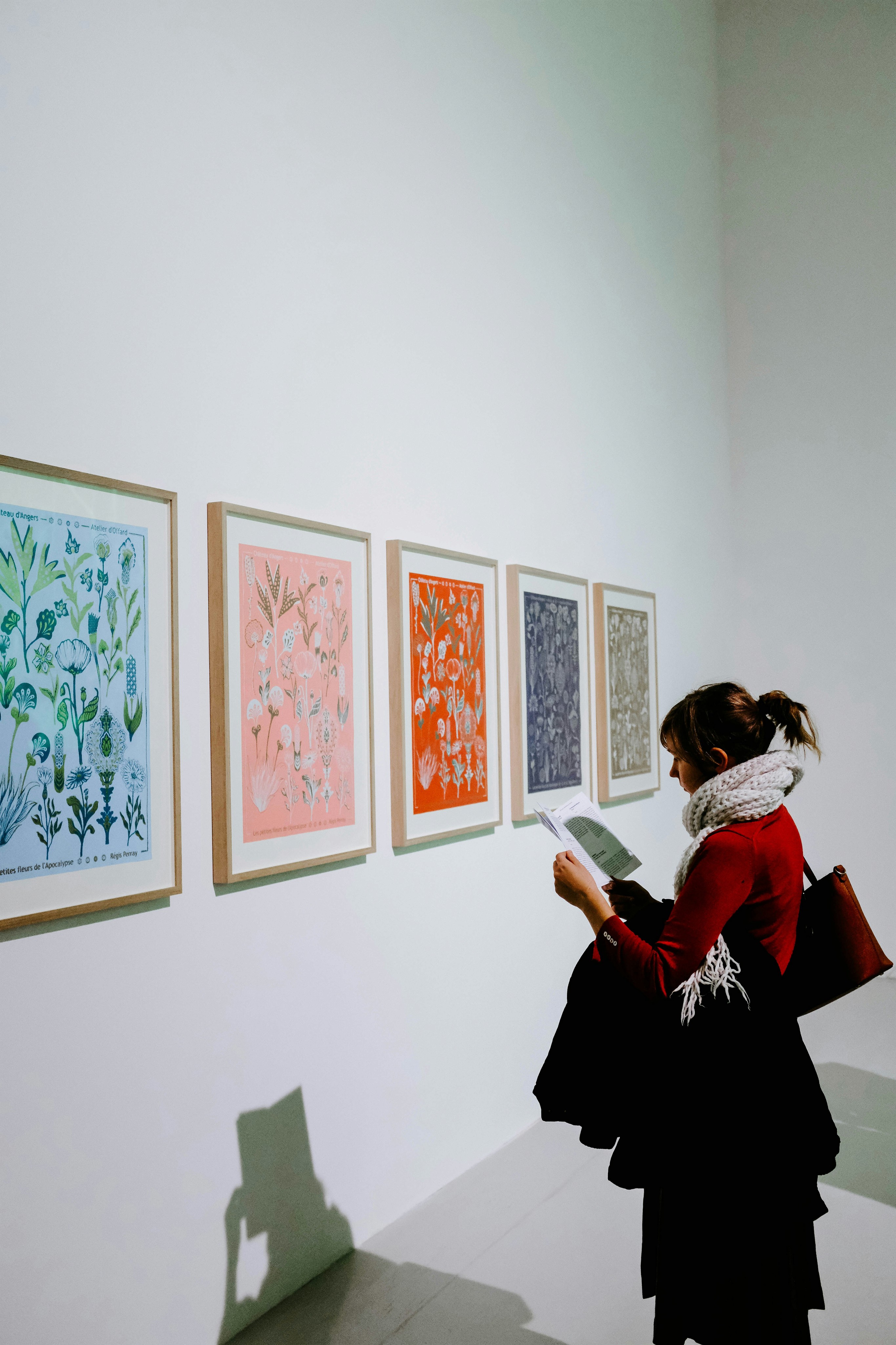 Girl looking at a pamphlet standing infromt of artwork hung up on a blank white wall