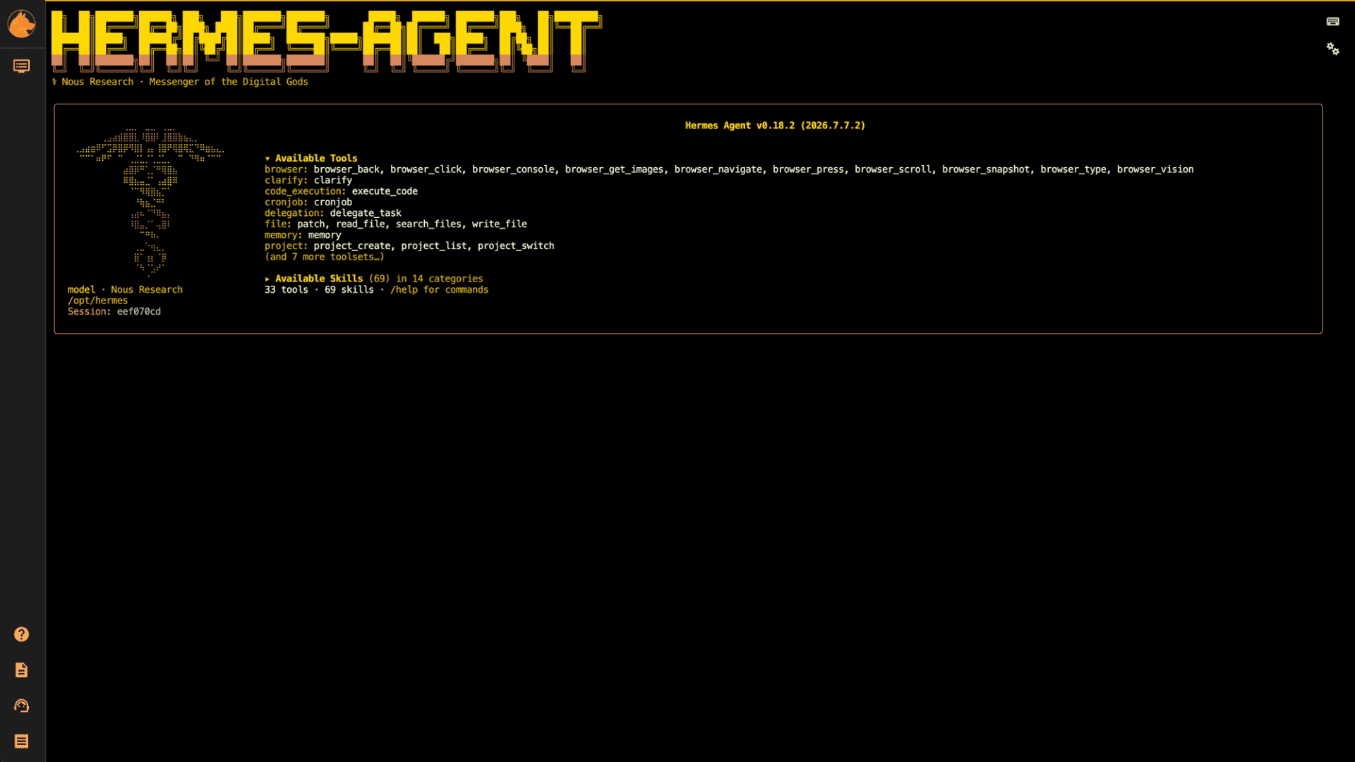 Hermes agent session running on Orion