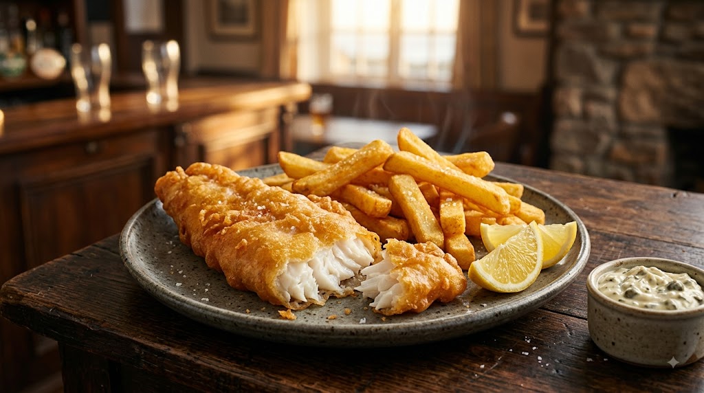 A realistic, steaming plate of golden beer-battered cod and chunky chips served on a rustic wooden table in a traditional British pub.