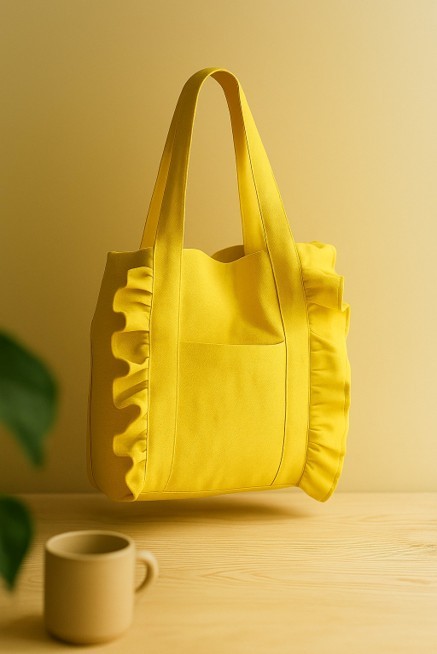 Handcrafted solid yellow cotton tote bag with ruffle side design