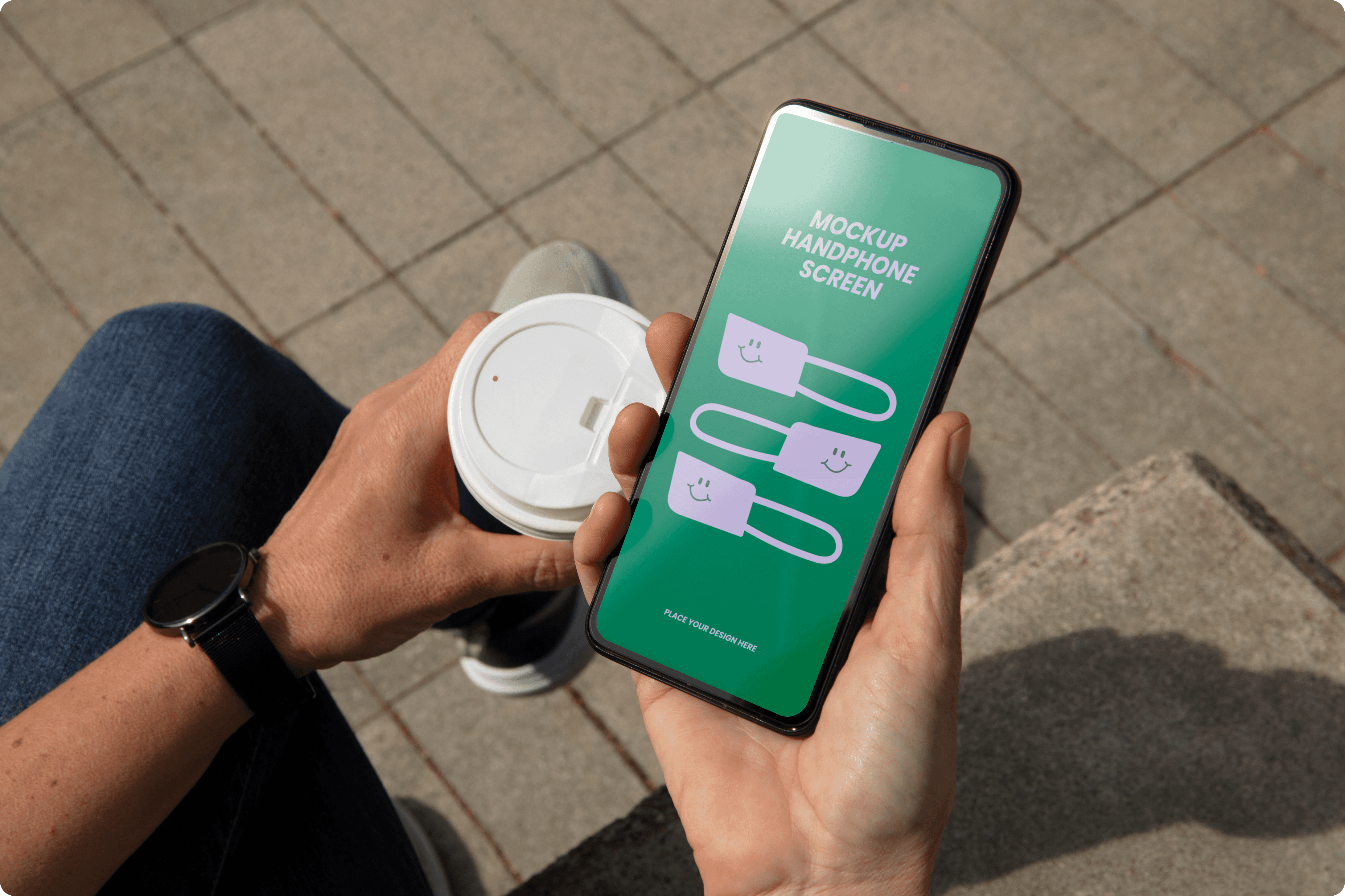 A person holding a smartphone outdoors with a green screen interface displaying a modern UI layout, while holding a coffee cup in the other hand.