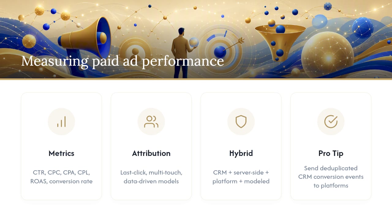 Diagram showing key paid ad metrics and attribution models