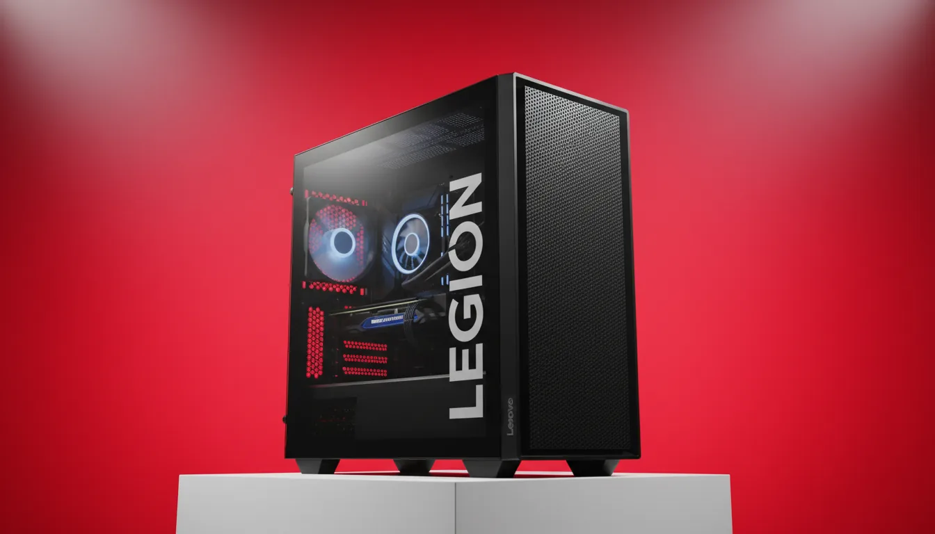 DSLR product photography of a modern Lenovo Legion gaming PC tower, angled on a clean white pedestal against a vibrant red studio backdrop. Soft studio lighting illuminates the black, textured mesh case and the tempered glass side panel. Through the glass, internal components like a CPU cooler fan and a graphics card with placeholder text are visible. A large, white, vertical brand name with abstracted text is printed on the glass. The shot is high-resolution with sharp focus across the entire product.