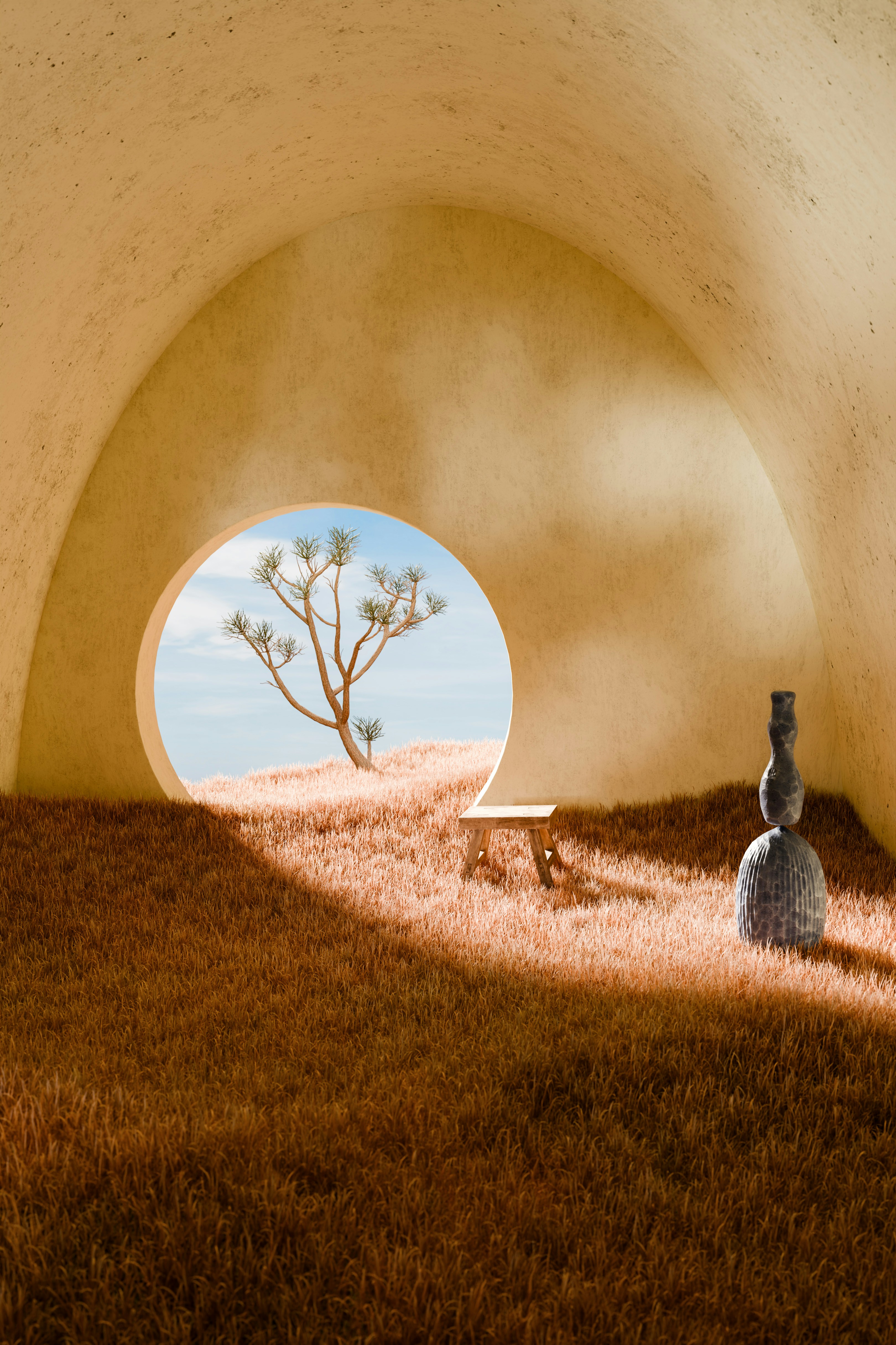 Arid landscape viewed through a circular window in a cave.