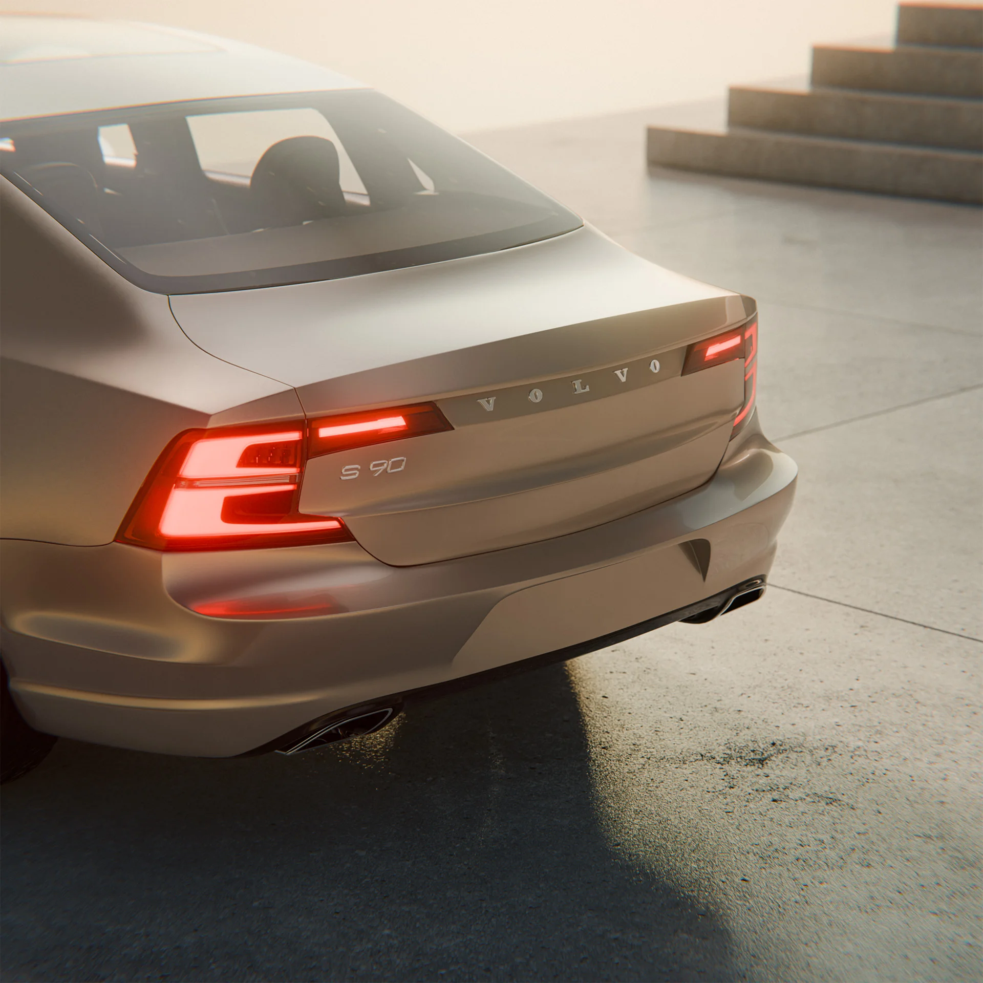Rear view photorealistic CGI render of Volvo S90 sedan